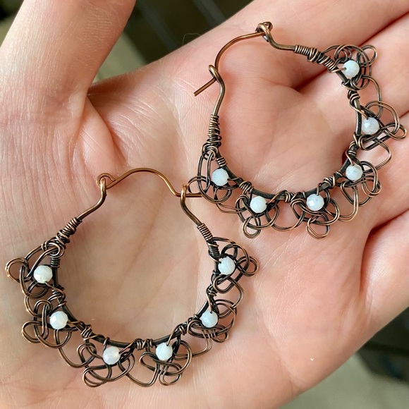 Blue Lace Agate Handcrafted Copper “Lace” Hoop Earrings - Picture 4 of 8